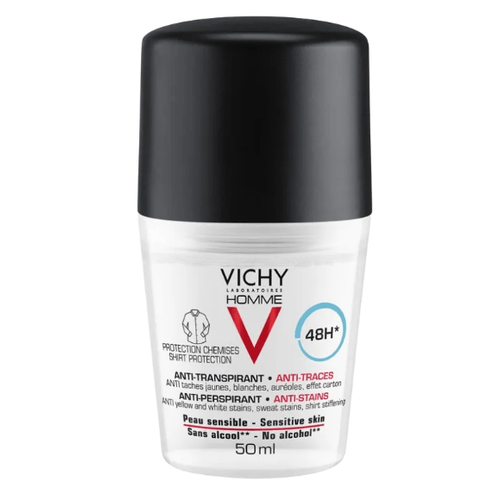 Vichy Homme Deo roll-on proti škvrnám 48H antiperspirant na citlivú pokožku 50 ml